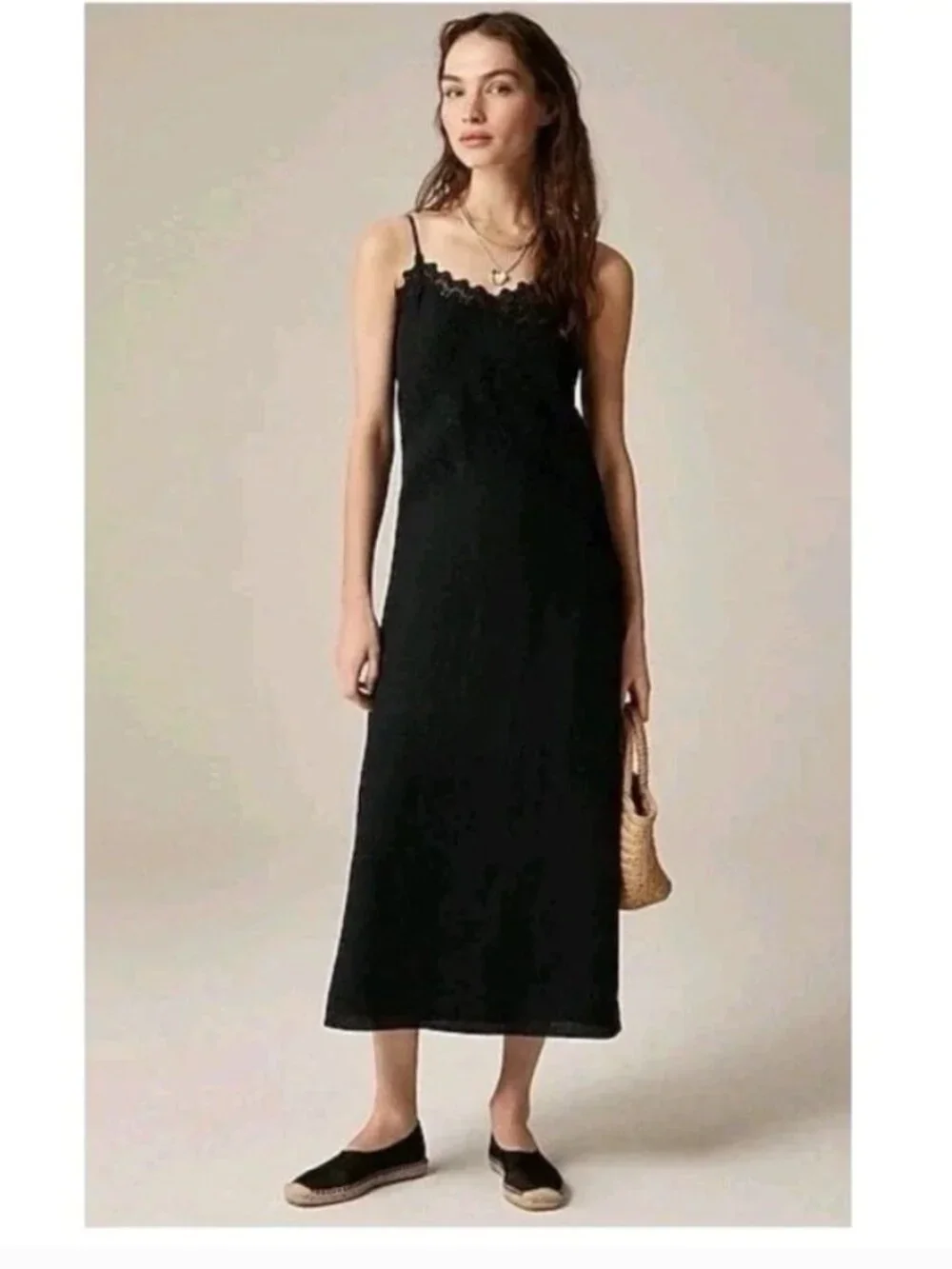 J. Crew Black Lace Trim Slip Dress Linen Midi Length 4
